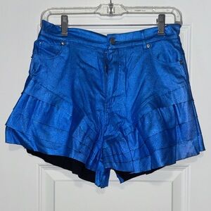AKIRA Metallic Blue Tiered Ruffle Shorts